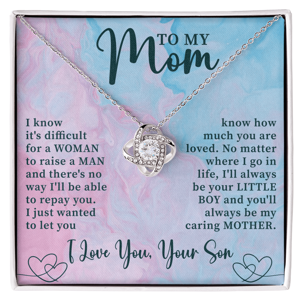 to my mom love knot necklace displayed as a heartfelt gift